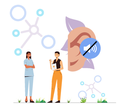 Imagem ilustrativa, onde mostra duas pessoas conversando, simbolos de 'conexão' e uma orelha com um símbolo de som desligado, indicando a surdez.